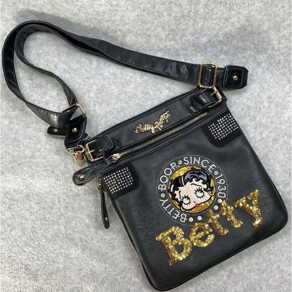 Unbranded Handbags - Betty Boop Purse 10.5"x 9.5" Black Crossbody Shoulder Bag Handbag Purse Bling